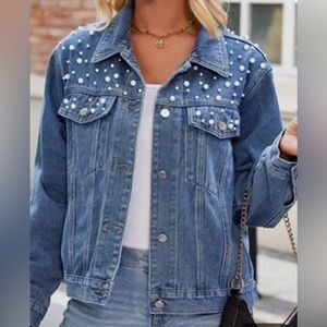 Pearl Embellished Denim Jean Jacket Button Front Long Sleeve Light Blue Wash